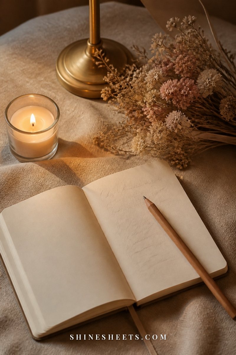 Hand-sized cream notebook with soft illegible pencil scribbles next to a lit glass candle and dried flowers on a linen table