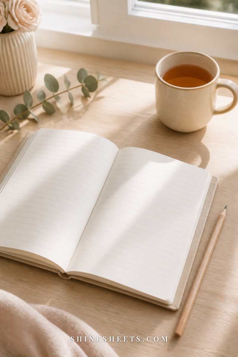 Open beige linen notebook with a blank lined page, a pencil and a mug of tea on a light wood desk in morning light