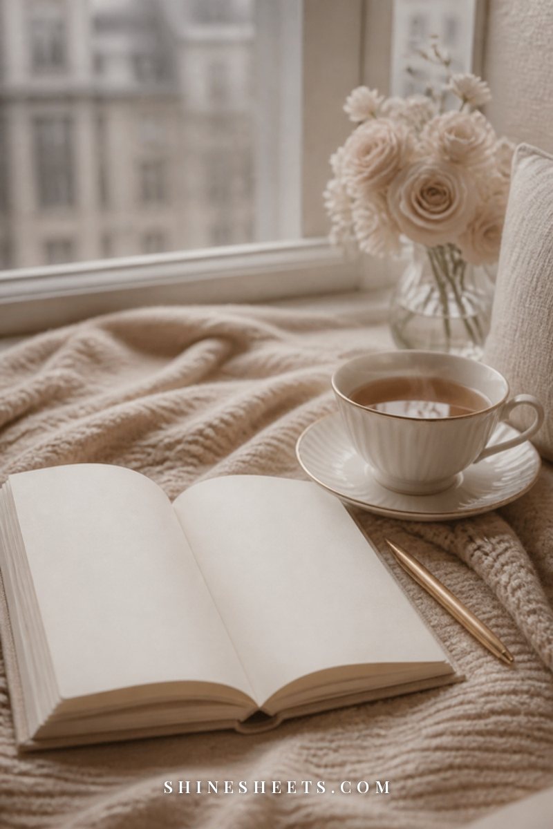 Open cream linen notebook with blank pages, a gold pen and a cup of tea on a soft beige blanket by a window