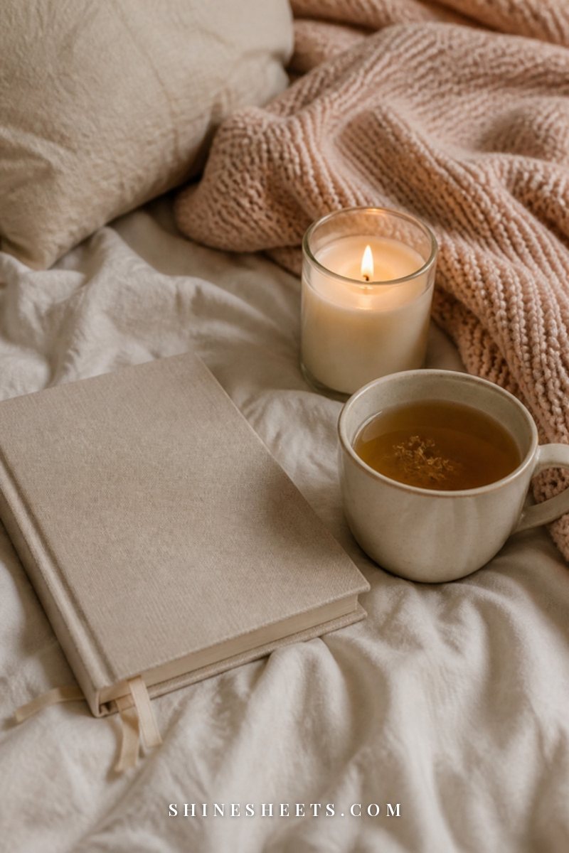 Cup of chamomile tea and a lit glass jar candle on a wooden tray with a soft knit blanket