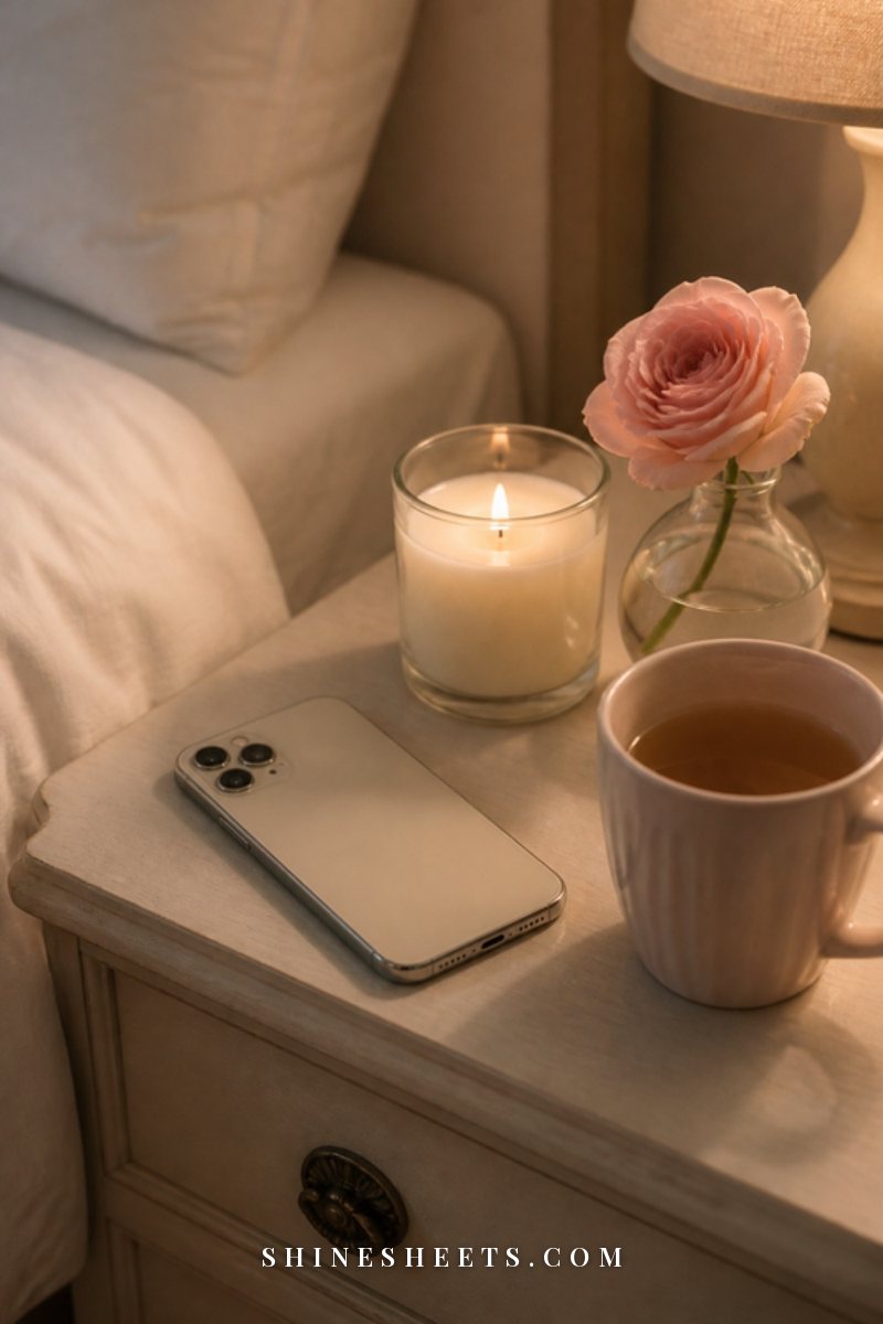Phone lying face down on a cream bedside table next to a glass jar candle and a cup of tea