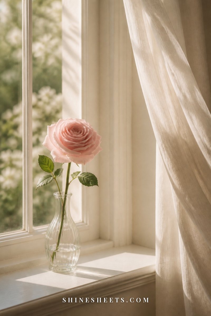 Single blush rose in a glass vase on a windowsill with soft morning light and sheer curtains