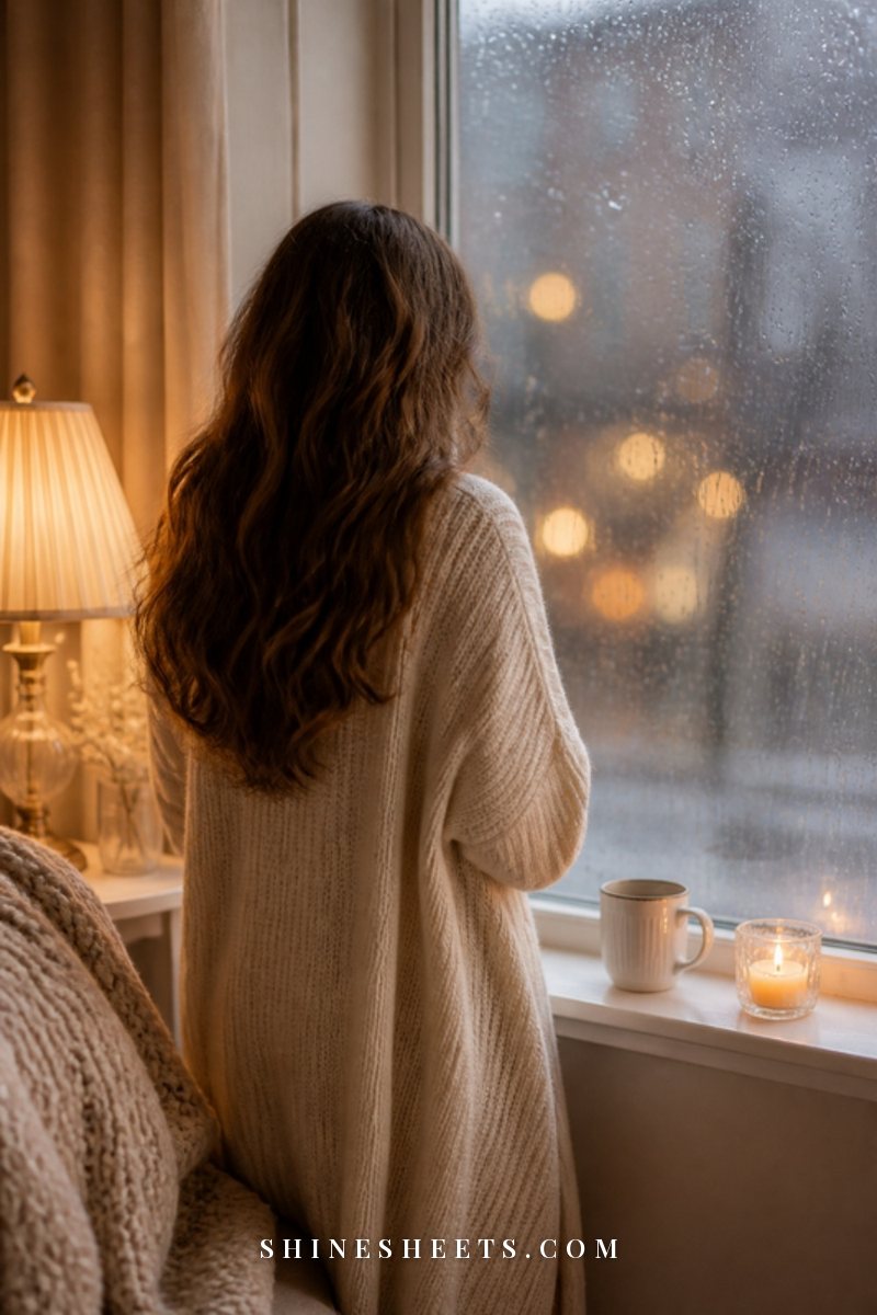 Woman seen from behind sitting on a bed wrapped in a cream blanket, looking out a softly lit window