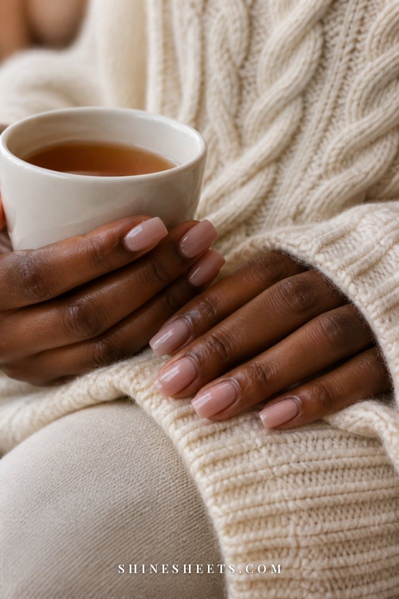 Woman's hands wrapped around a warm mug of tea under a soft cream knit throw