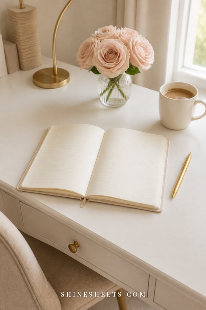 Neat white desk with an open cream planner, a gold pen, a small vase of blush roses and a mug of coffee in soft daylight