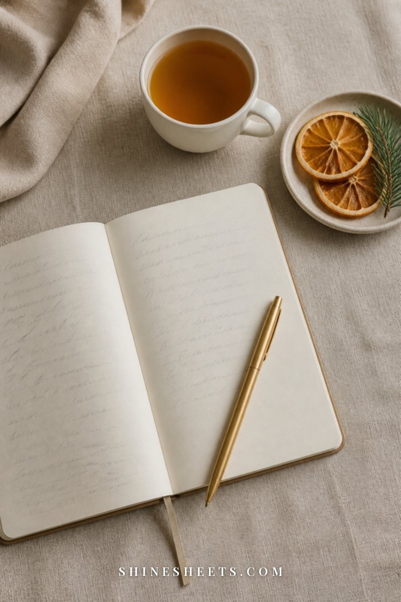 Open cream journal with soft blank pages, a gold pen and a cup of tea on a linen-covered desk in morning light