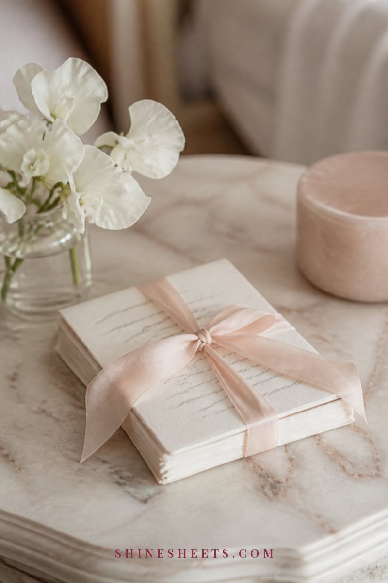 Stack of cream notecards with soft illegible handwriting tied with a blush ribbon beside a small vase of white flowers