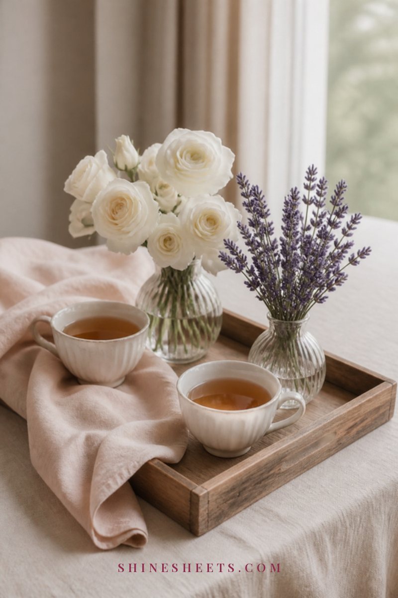 Two cups of tea on a cream tray with a folded blush blanket and a small bouquet of white flowers on a sofa