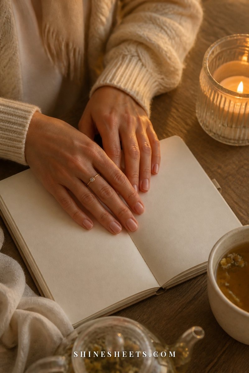 Woman's hands resting on an open journal with blank pages beside a cup of evening tea and a glowing glass candle