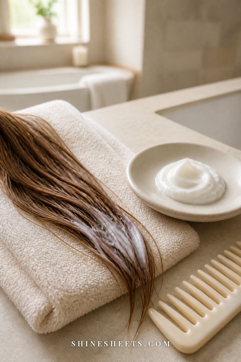 A damp lock of fine light-brown hair with conditioner on the ends, a small dish of conditioner and a wide-tooth comb
