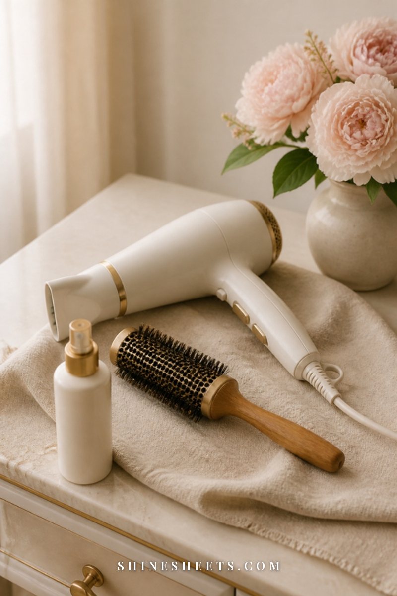 Hair dryer with a nozzle, a round brush and a root lifting spray bottle arranged on a cream vanity in soft light