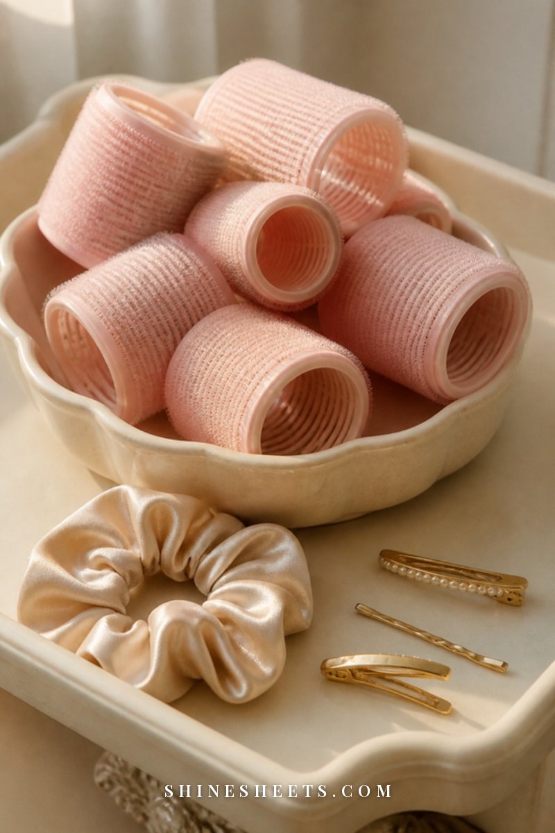 Set of soft blush pink velcro hair rollers in a cream ceramic dish next to a satin scrunchie on a vanity