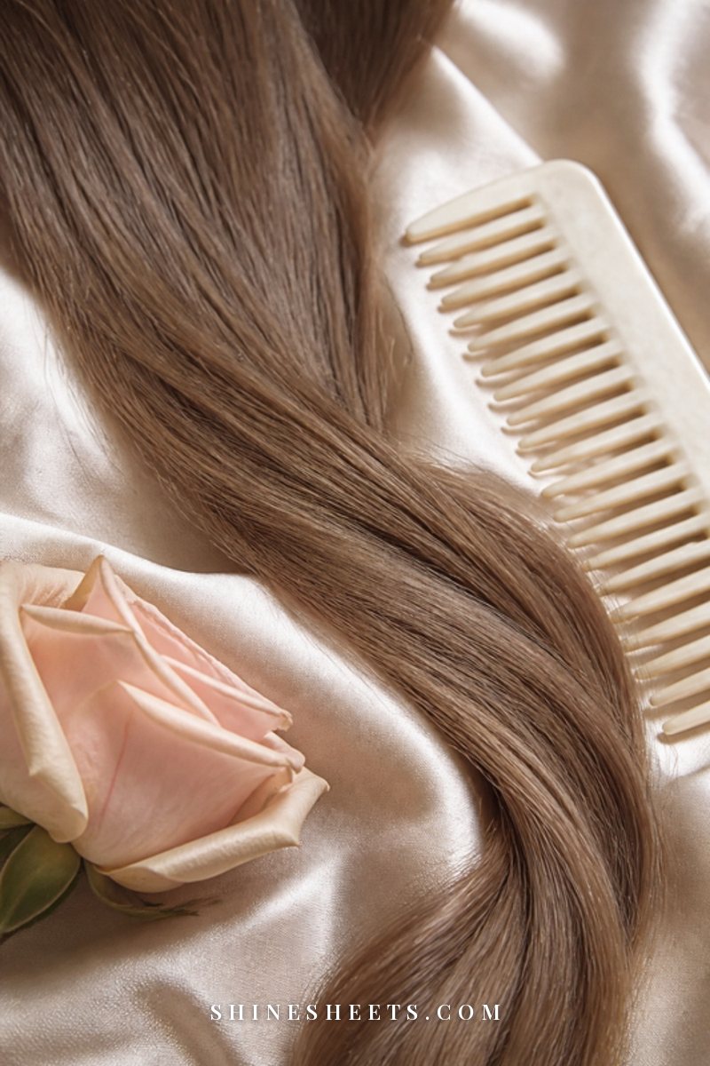 Soft, airy light brown fine hair strands resting on a cream silk cloth beside a wide-tooth comb in gentle light