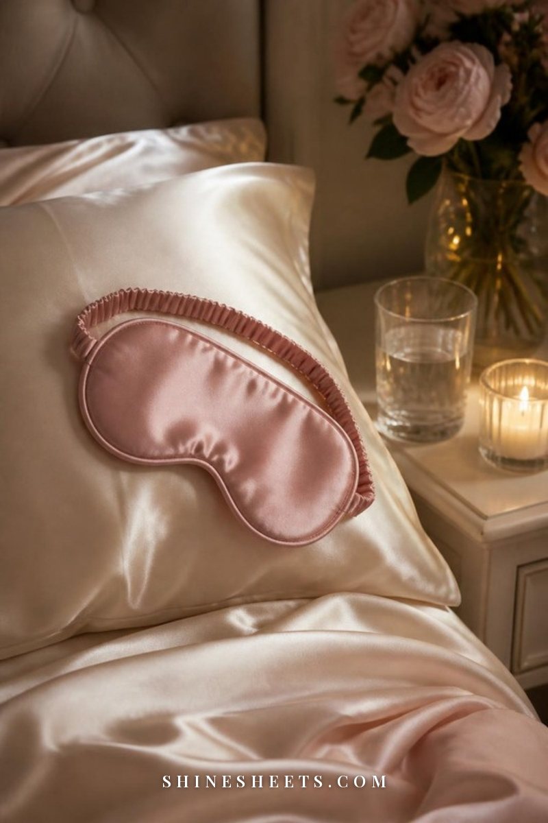 Blush silk sleep mask resting on a cream silk pillowcase beside a glass of water on a nightstand in soft evening light