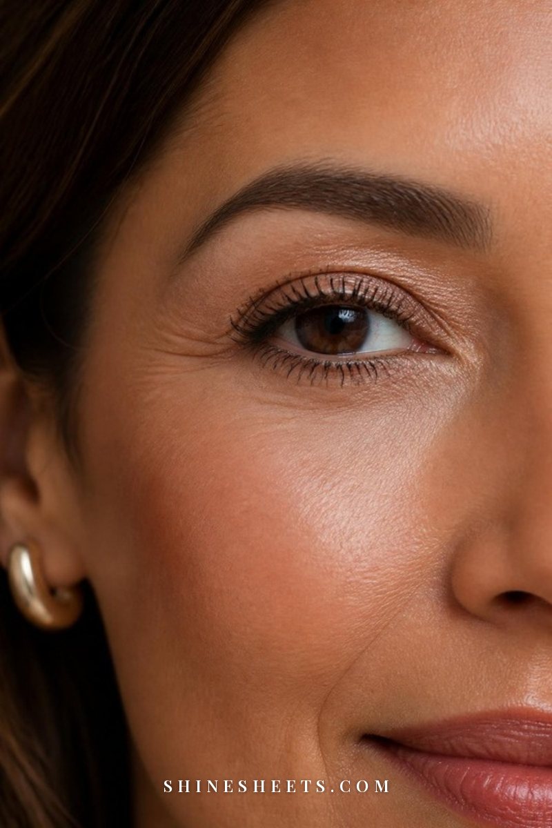 Close-up of a woman's eye with smooth, natural under-eye concealer, soft brown mascara and a light, dewy finish