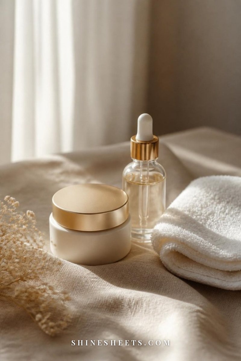 Cream eye cream jar, a small serum bottle and a folded cotton towel on a beige linen surface in soft morning light