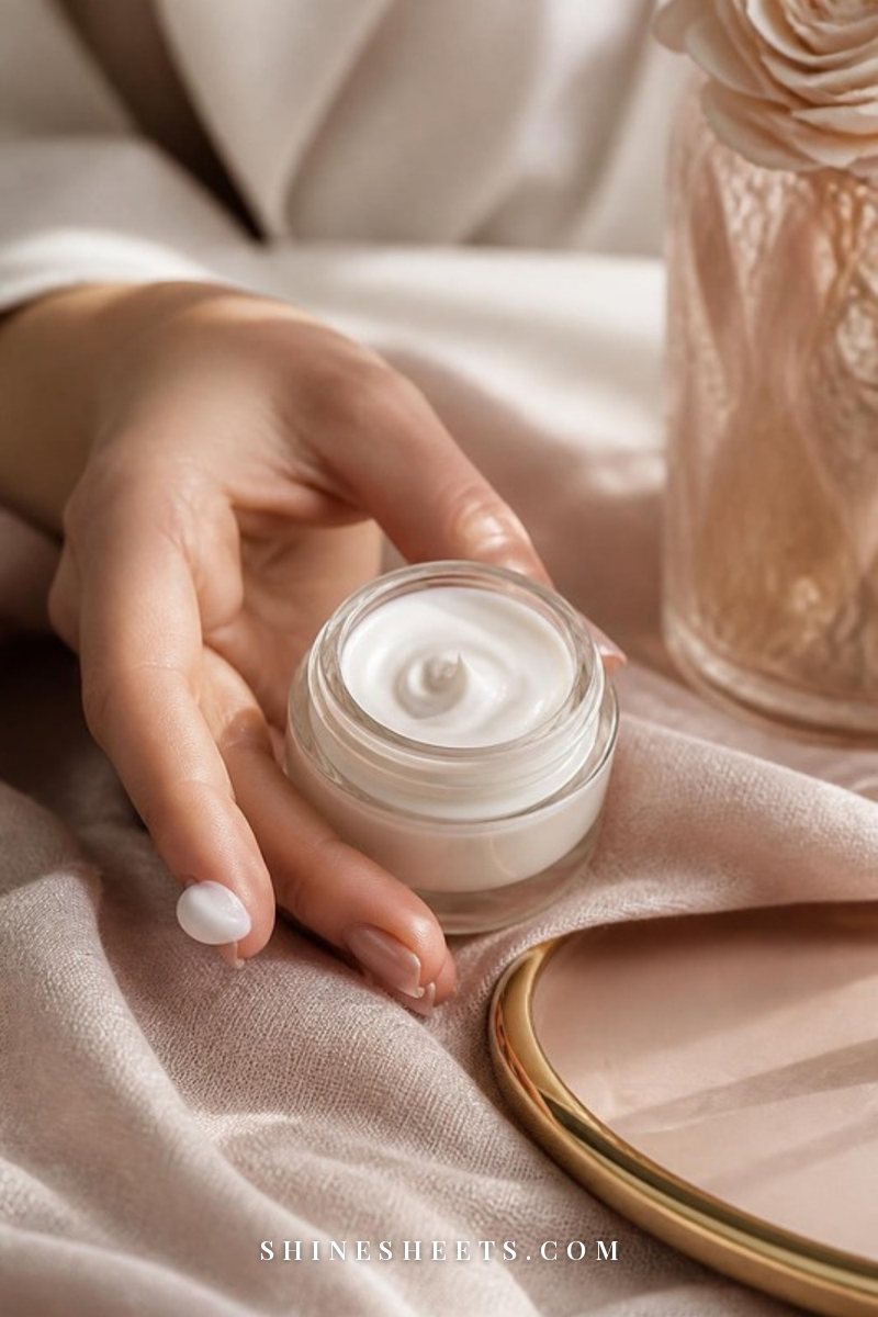 Hand holding an open cream eye cream jar with a dot of cream on the ring fingertip over blush linen