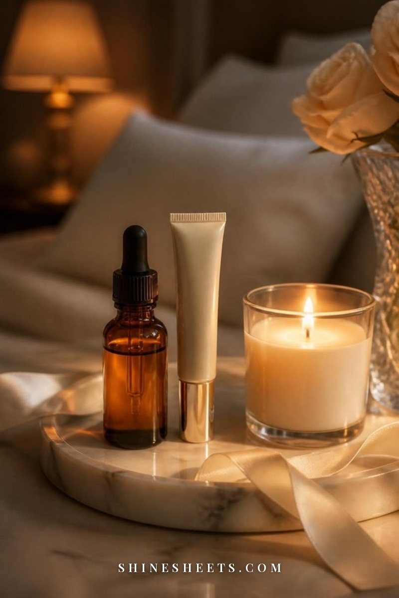 Small amber glass retinol bottle and a cream eye cream tube on a white marble tray beside a glass candle in warm evening light