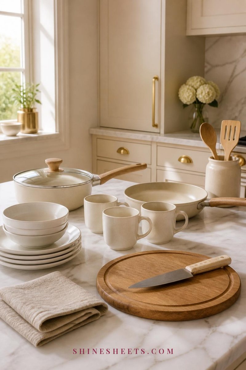 Cream cookware pots, a wooden cutting board, a chef's knife and white dishes neatly arranged on a bright kitchen counter