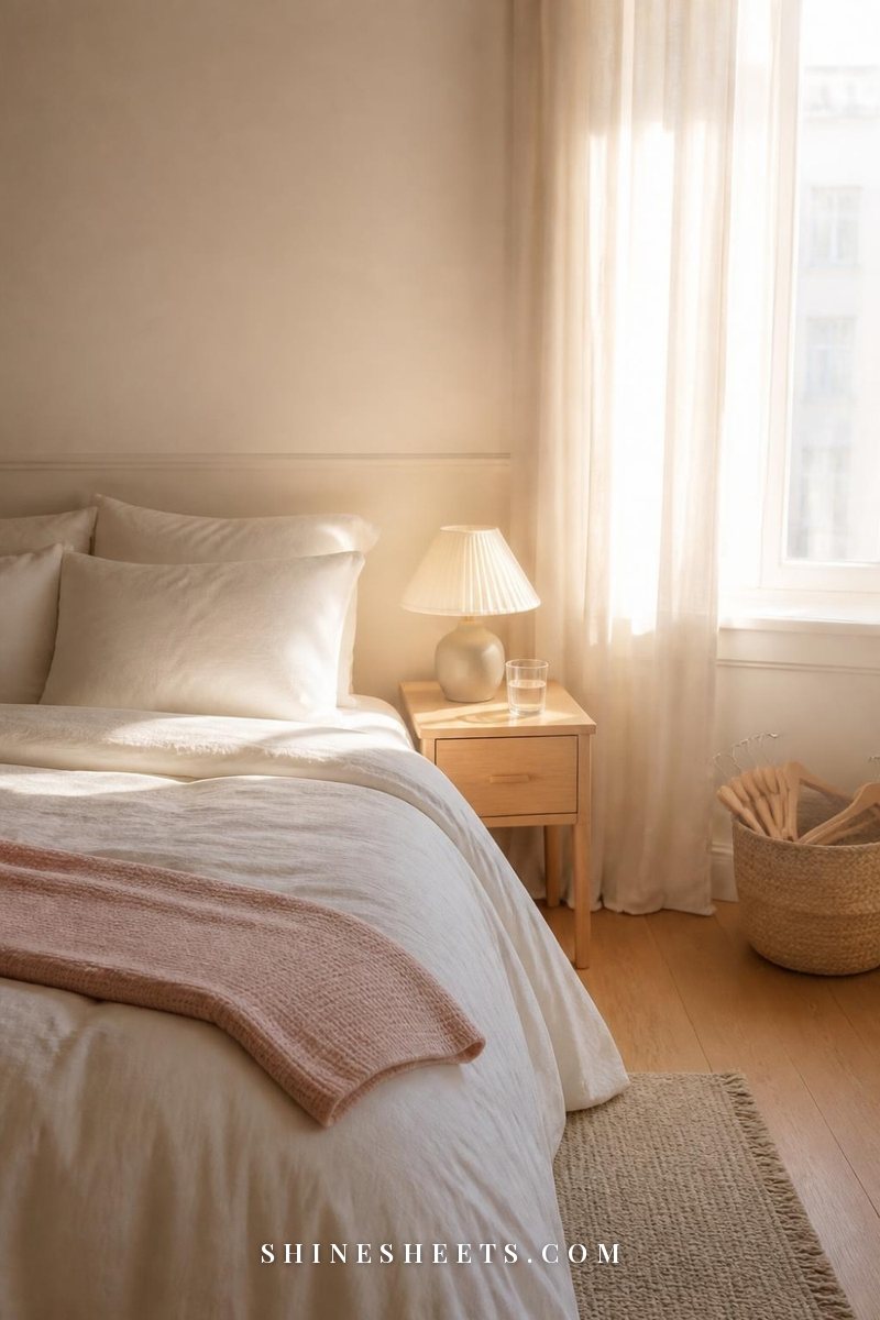 Neatly made bed with cream cotton bedding, two pillows, a knit throw and a simple wooden nightstand with a lamp