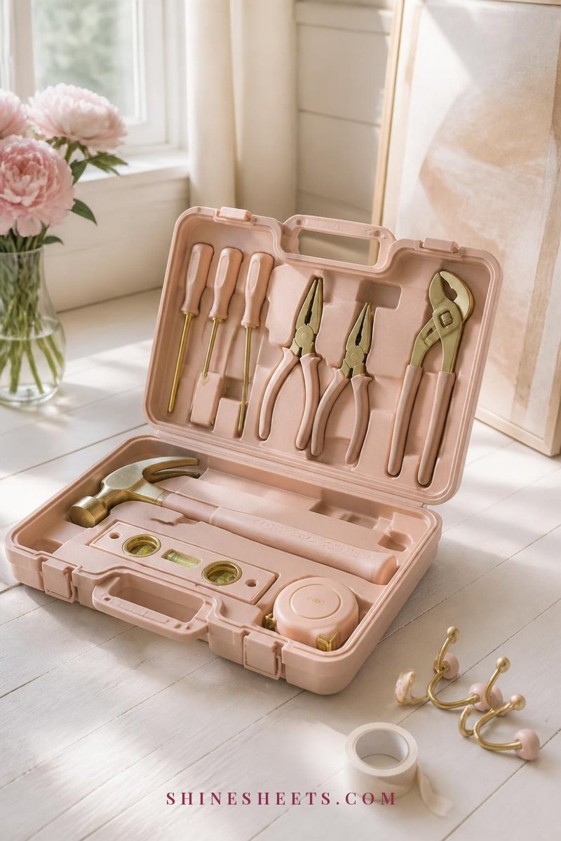 Open blush pink home tool kit with a hammer, screwdrivers, a tape measure and pliers on a white wooden floor