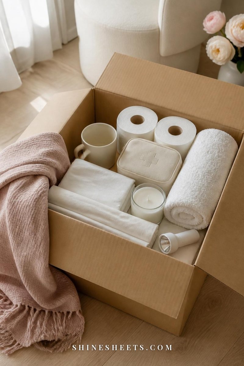 Open cardboard moving box with folded cream sheets, a white towel, toilet paper, a mug, a candle and a small first aid kit