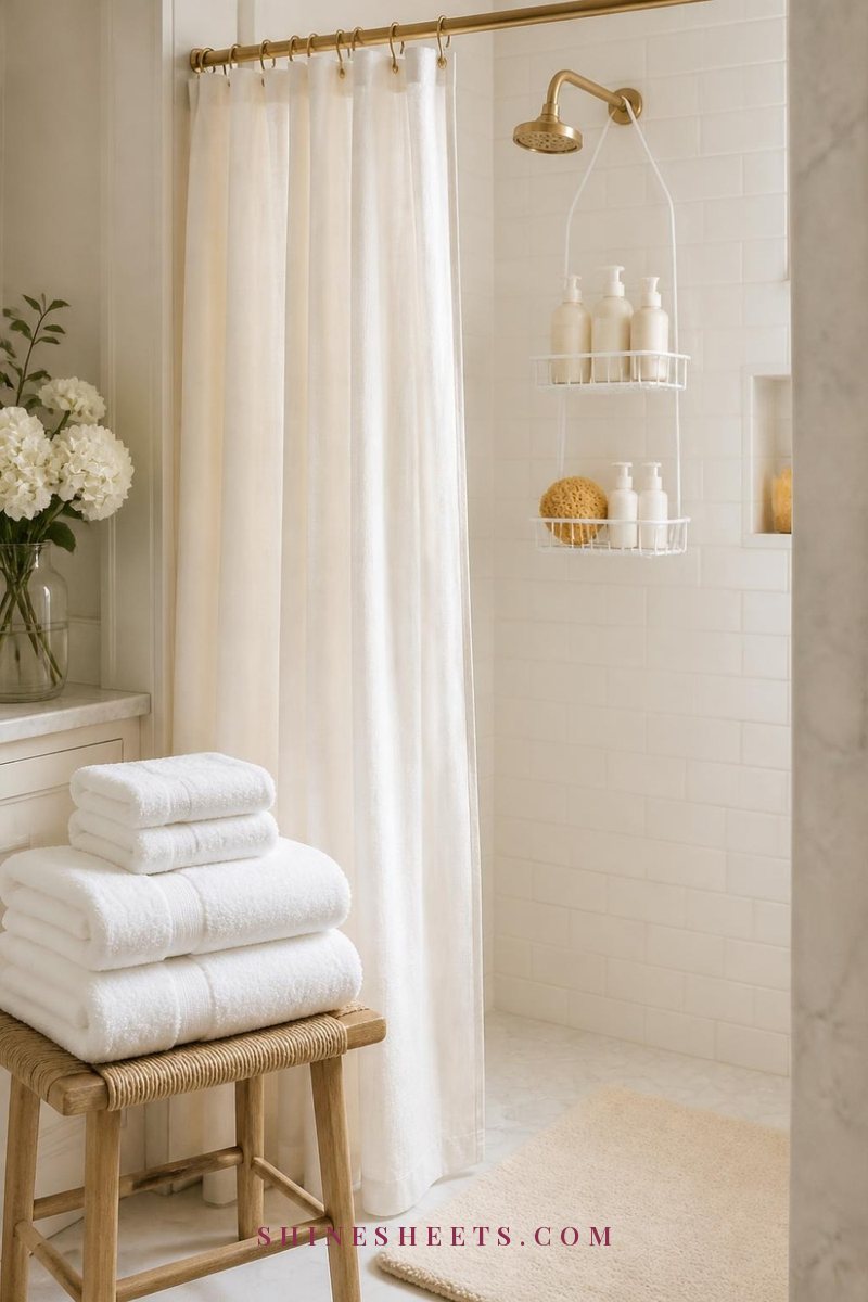 White shower caddy holding unlabeled cream bottles beside fluffy white towels and a beige bath mat in a bright bathroom
