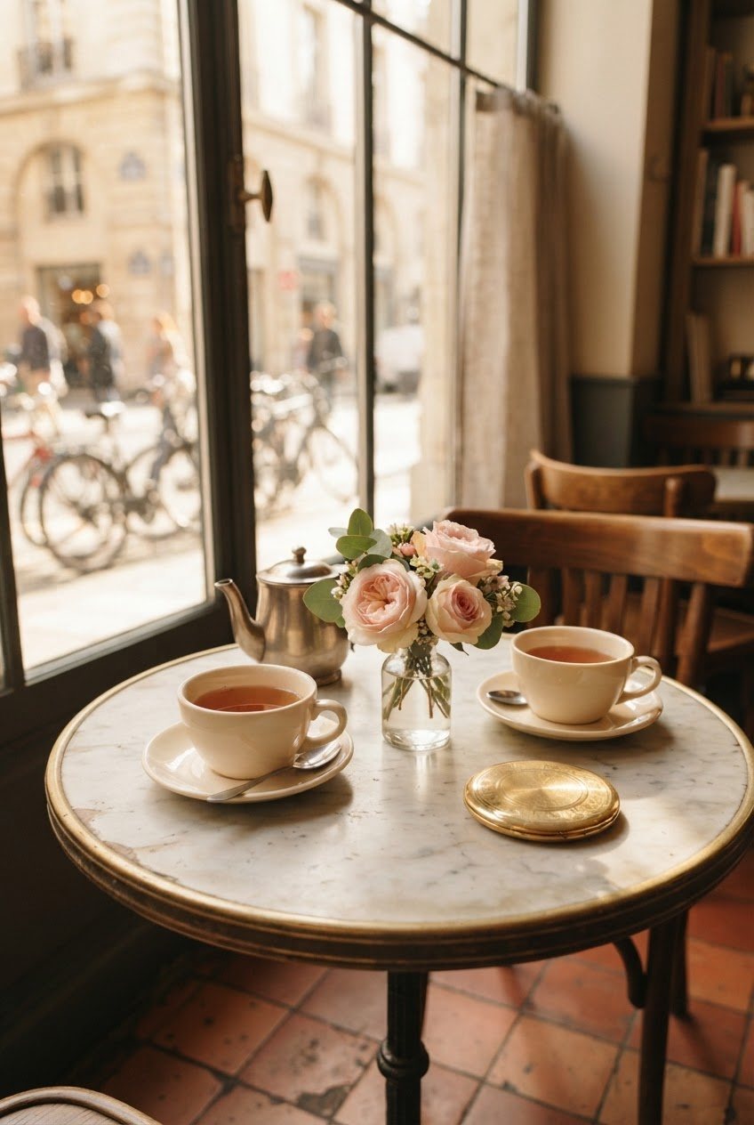 Two cups of tea, a small vase of blush roses and a gold compact on a round café table by a sunny window