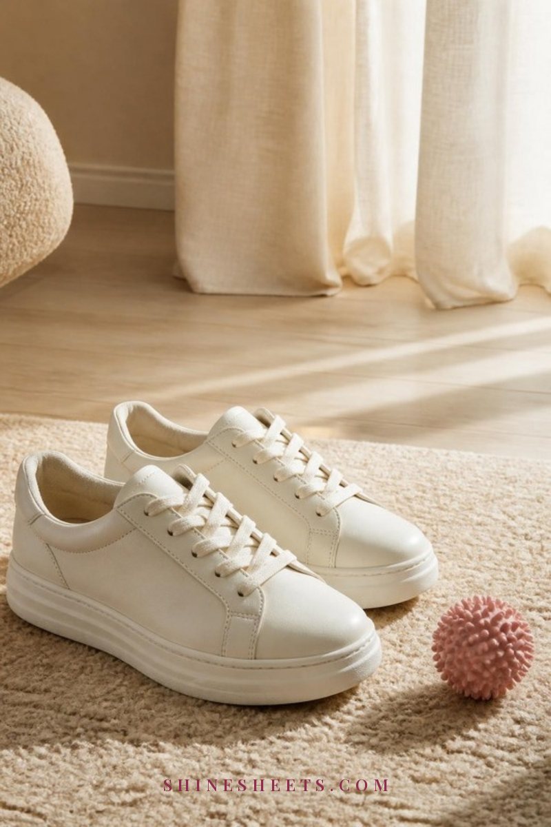 Cream women's low-top sneakers with cushioned soles next to a small blush massage ball on a soft beige rug in natural light