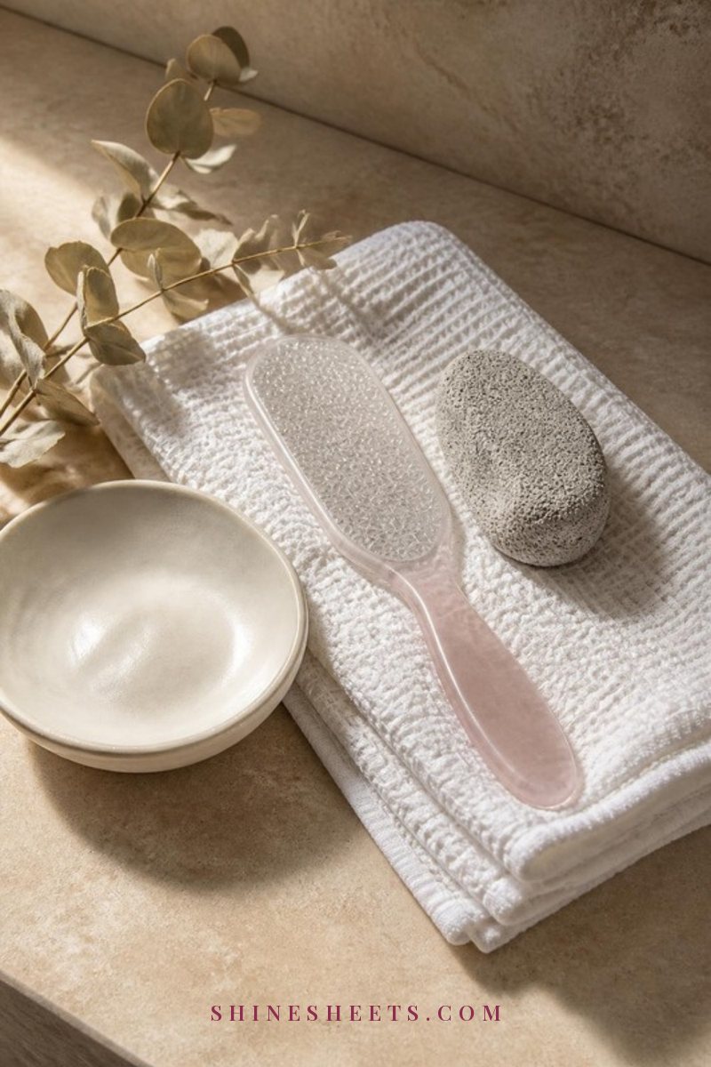 Glass foot file and a natural pumice stone resting on a folded white waffle towel beside a cream ceramic dish