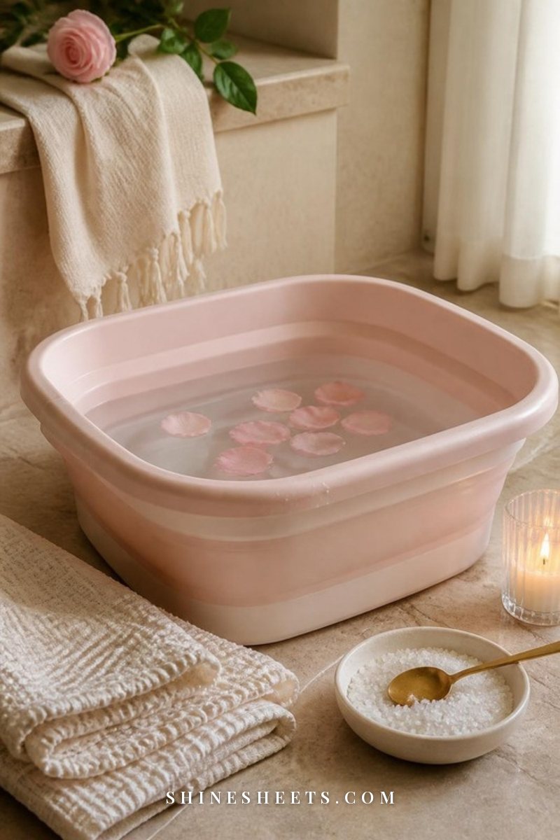 Pastel pink foot soak tub with warm water, a folded cream towel and a small dish of bath salts on a beige bathroom floor