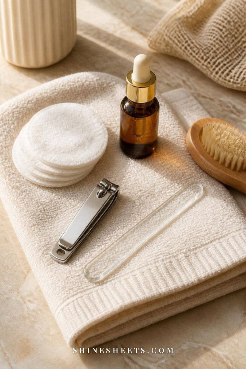 Straight-edge toenail clipper, a crystal nail file, cotton pads and a small cuticle oil bottle on a cream towel