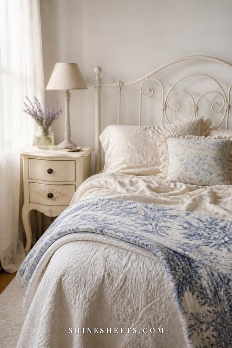 French country bedroom with a curved white iron bed, rumpled cream linen bedding, a blue toile quilt, a painted wooden nightstand and a small vase of lavender