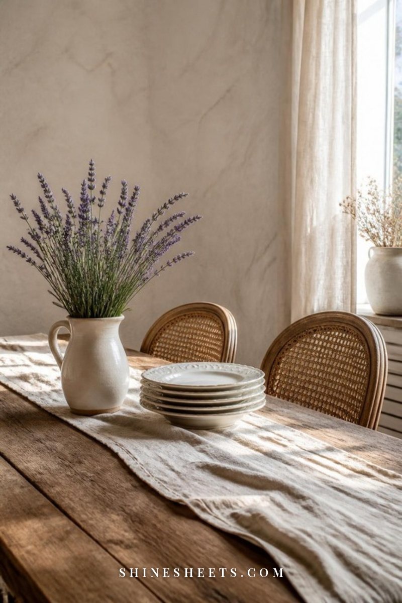French country dining corner with a weathered wood farmhouse table, cane chairs, cream linen and a ceramic pitcher of lavender in soft sunlight