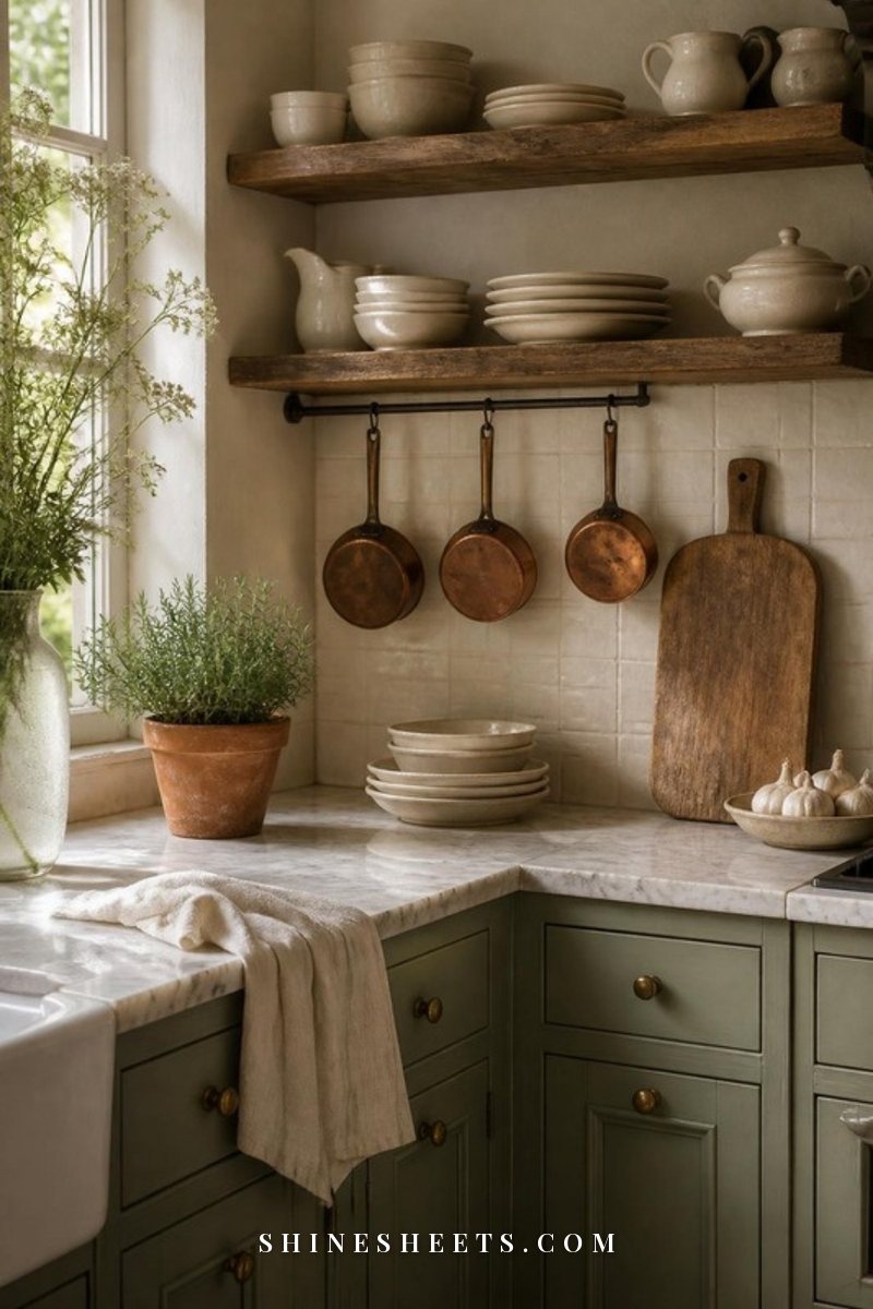 French country kitchen with sage green cabinets, open wooden shelves of cream ironstone dishes, copper pots, a terracotta pot of rosemary and a linen towel
