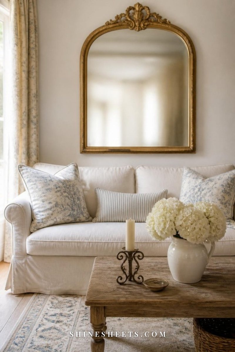 French country living room with a cream linen sofa, blue toile pillows, a gilded arched mirror, wrought iron candle holder and hydrangeas on a weathered wood coffee table