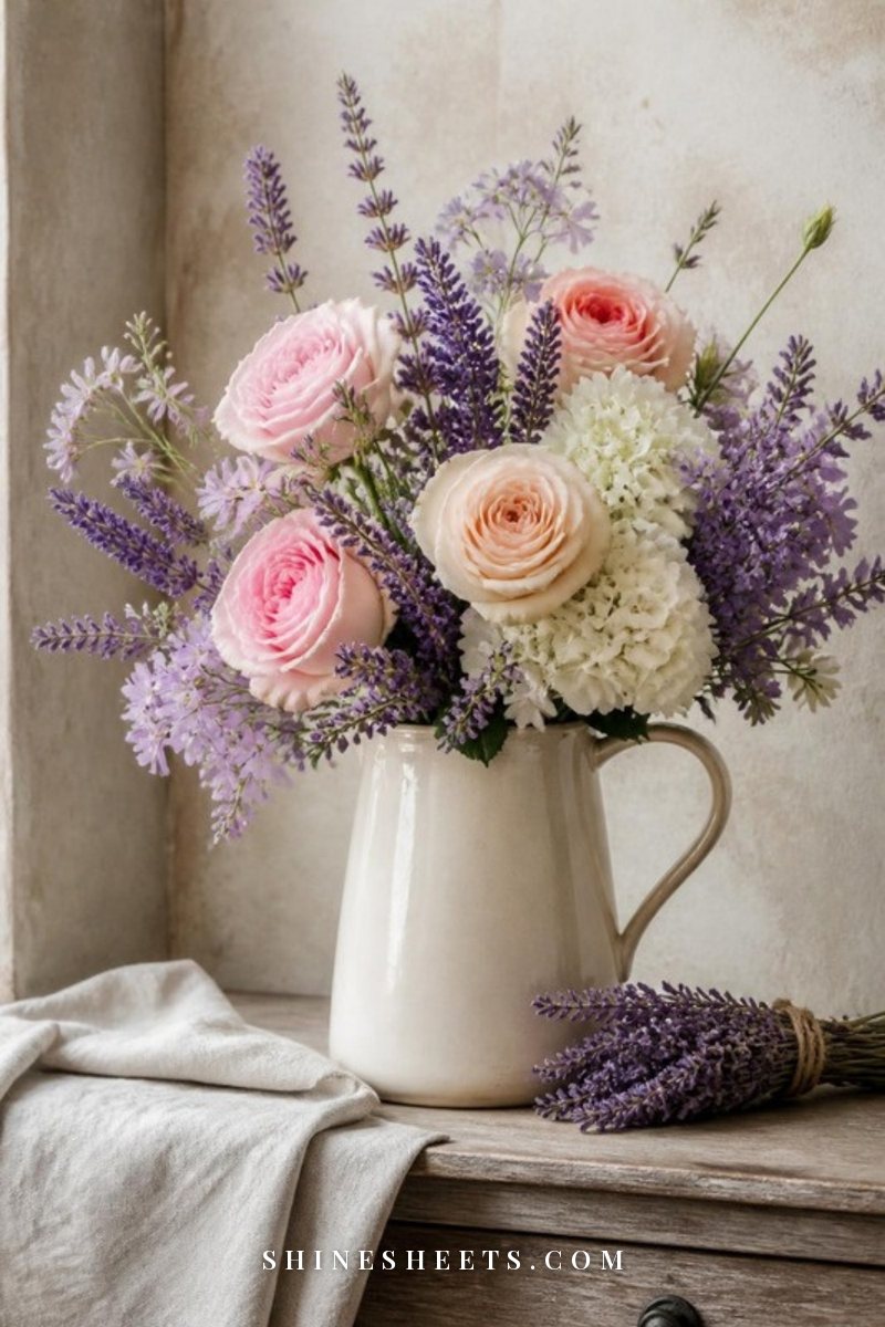 Loose bouquet of lavender, white hydrangeas and garden roses in a cream ceramic pitcher on a weathered wood table with a linen napkin