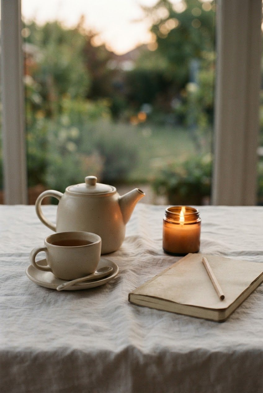 Cream ceramic tea set, a lit glass candle and a blank notebook on a white linen tablecloth in soft evening light