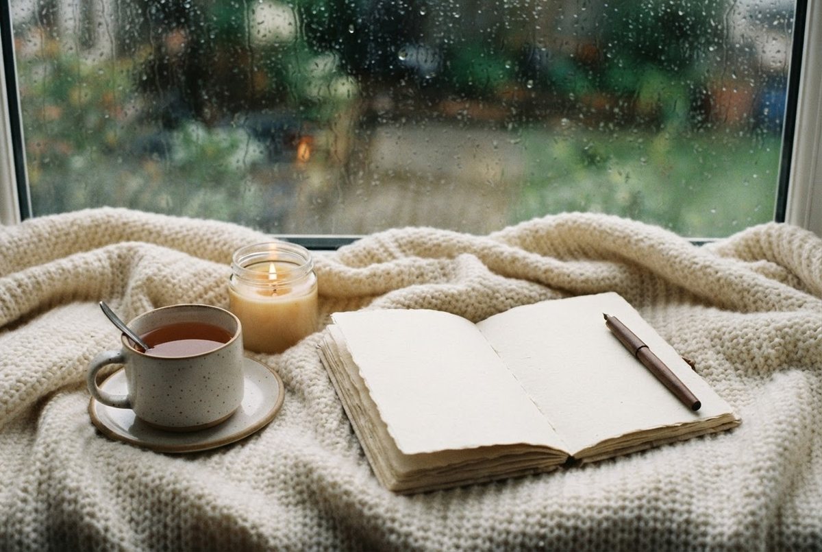 Open journal with a pen, a cup of tea and a glass candle on a cream knit blanket by a rainy window