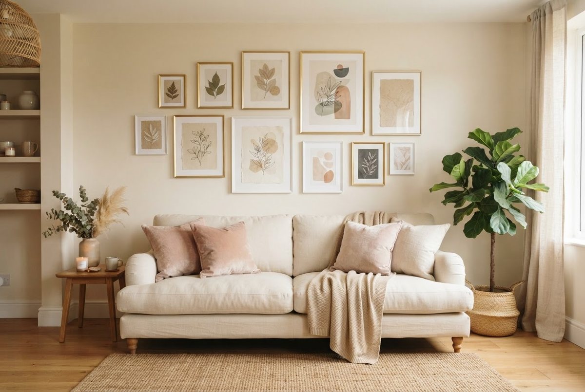 Gallery wall of gold and white frames with neutral botanical and abstract prints above a cream linen sofa with blush cushions