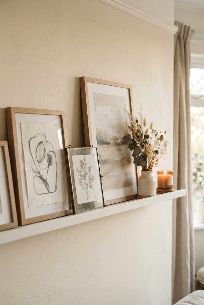 Slim white picture ledge with leaning framed neutral art prints, a small ceramic vase and a glass candle against a cream wall