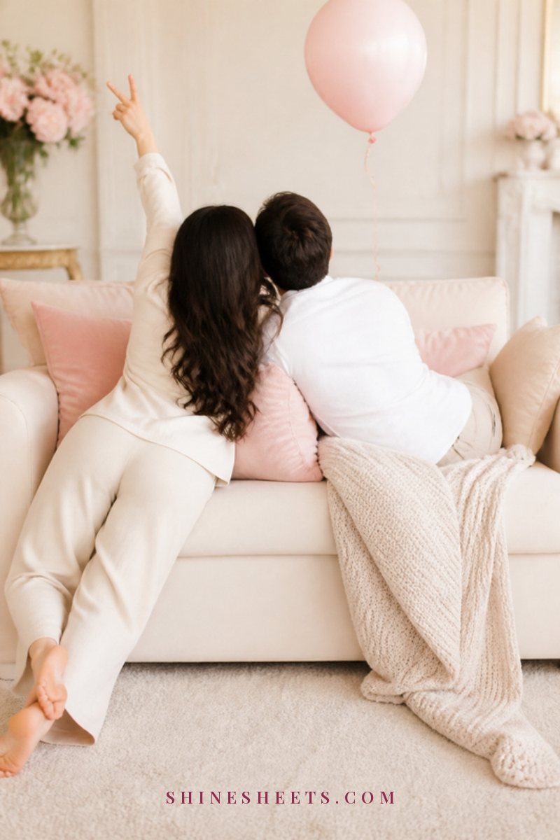 A couple seen from behind laughing on a cream sofa with throw pillows scattered and a soft blanket on the floor