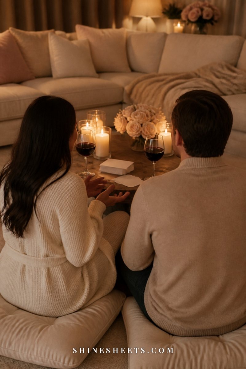A couple seen from behind sitting on floor cushions by a coffee table with cards and two glasses of wine