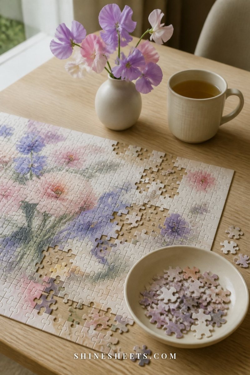 A half-finished floral jigsaw puzzle on a wooden table beside two cups of tea and a cream knit blanket
