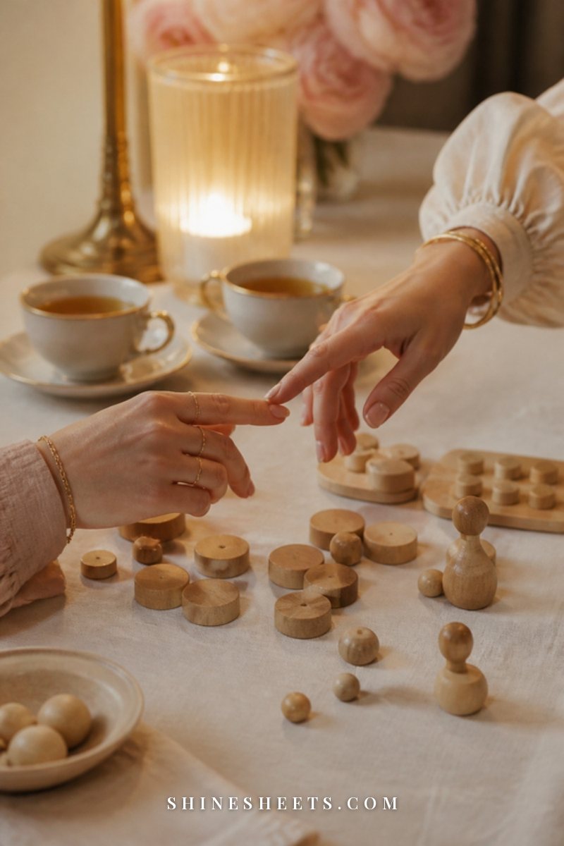 Two hands meeting over scattered plain wooden game pieces on a cream linen tablecloth in warm lamp light