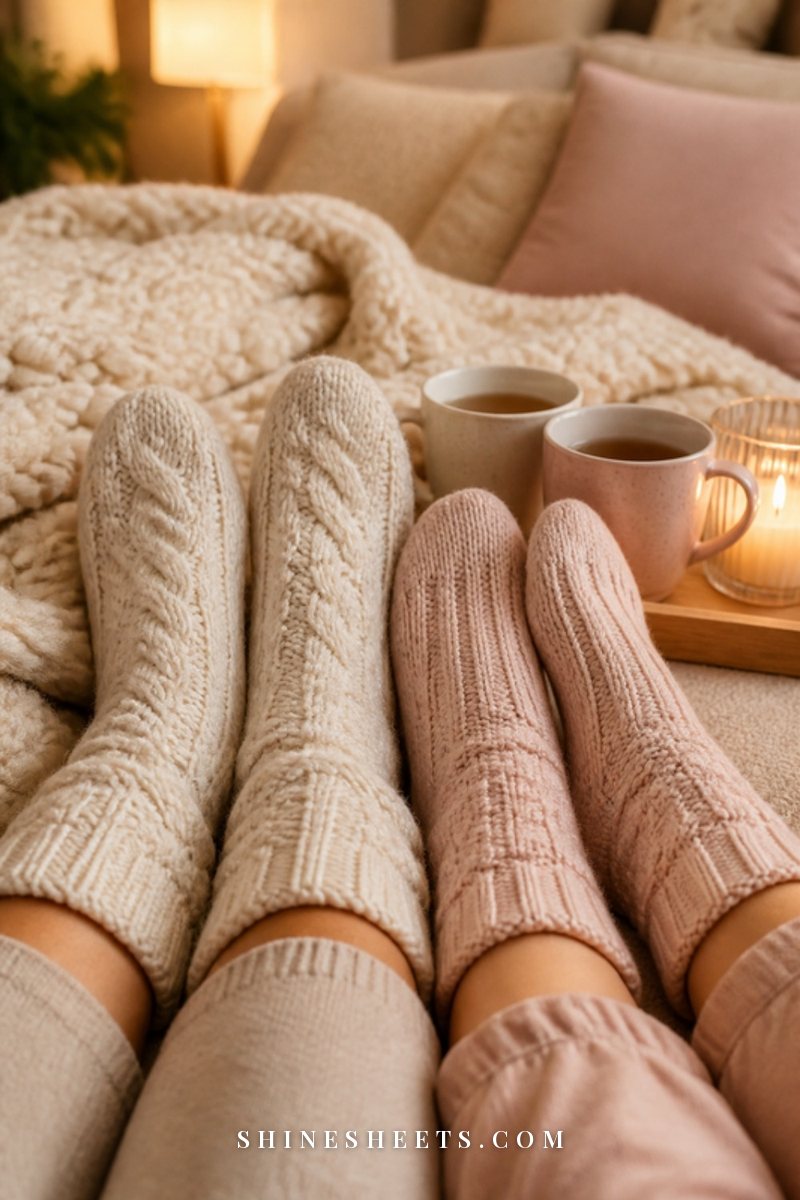 Two pairs of feet in soft knit socks resting on a cream blanket beside two mugs of tea