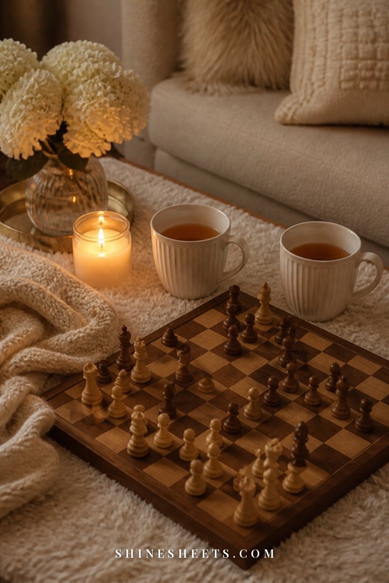 A wooden chess board, two mugs of tea and a lit glass candle on a cream rug in a cozy living room