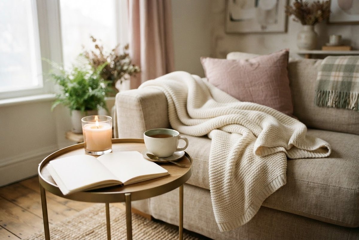 Cream weighted blanket folded on a linen sofa beside a glass candle, an open journal and a cup of herbal tea in soft afternoon light