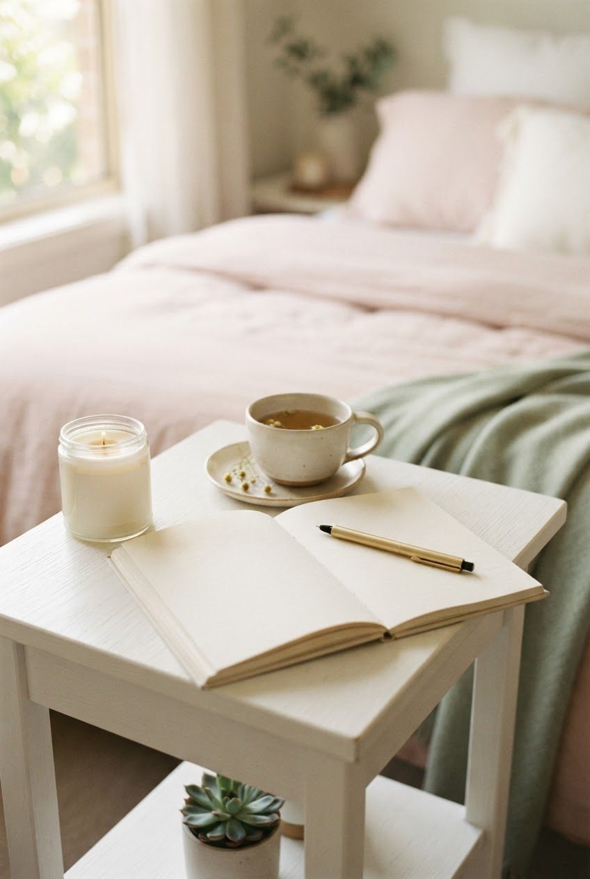 Glass jar candle, a cup of chamomile tea and an open cream journal with a pen on a white bedside table in soft morning light