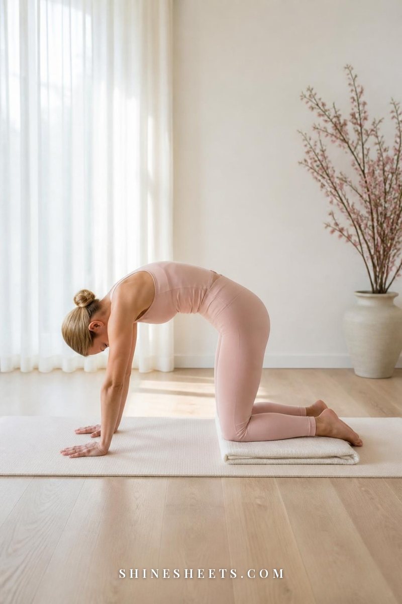 Woman in blush activewear on hands and knees on a yoga mat, gently rounding her spine in cat pose